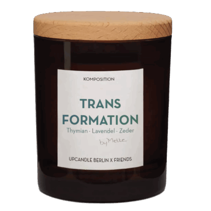 UpCandle® Aromakerze Transformation im braunen Glas mit Buchenholzdeckel, Duft Thymian, Lavendel, Zeder