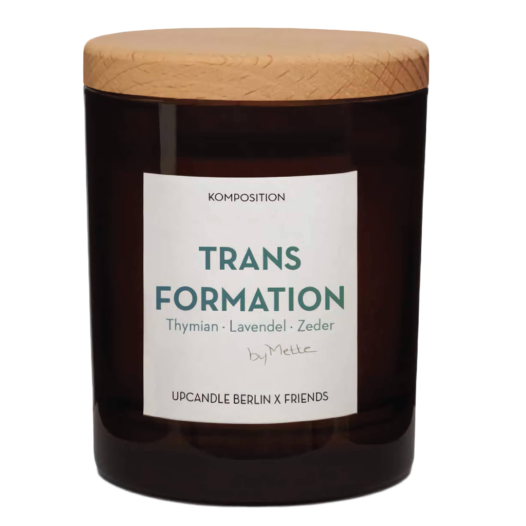 UpCandle® Aromakerze Transformation im braunen Glas mit Buchenholzdeckel, Duft Thymian, Lavendel, Zeder