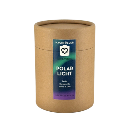 UpCandle Refill Polarlicht in brauner Kraftpapier-Pappröhre mit Etikett, Kategorie Aktionskerze