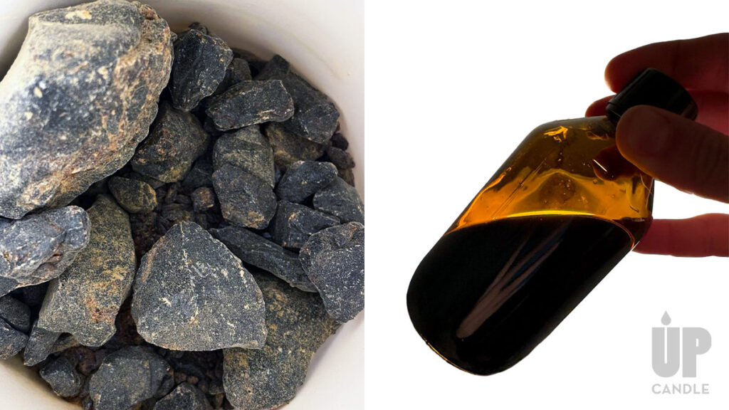 Benzoe Absolue als festes Harz und als braunes, zähflüssiges Resinoid im Braunglas im UpCandle Aromalab.