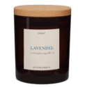 Produktfreisteller der UpCandle Aromakerze Lavendel im braunen Glas mit Buchenholzdeckel – entspannender Duft, naturreines Lavendelöl, handgemacht in Berlin