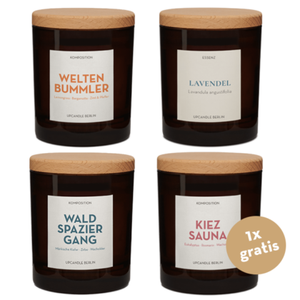 Produktfreisteller des UpCandle Mix & Match Sets mit vier handgemachten Aromakerzen im Glas – individuell kombinierbare Düfte, nachhaltig aus Berlin