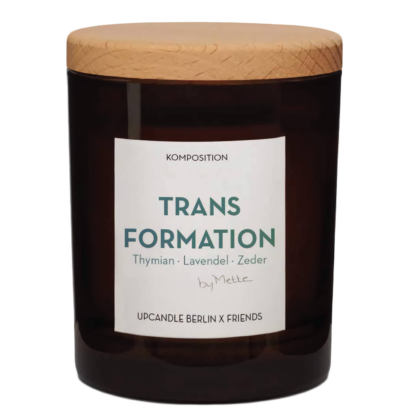 UpCandle® Aromakerze Transformation im braunen Glas mit Buchenholzdeckel, Duft Thymian, Lavendel, Zeder