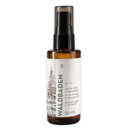 Upcandle natürliches Raum- und Kissenspray Waldbaden Relax in brauner Bernstein-Glasflasche Frontalansicht