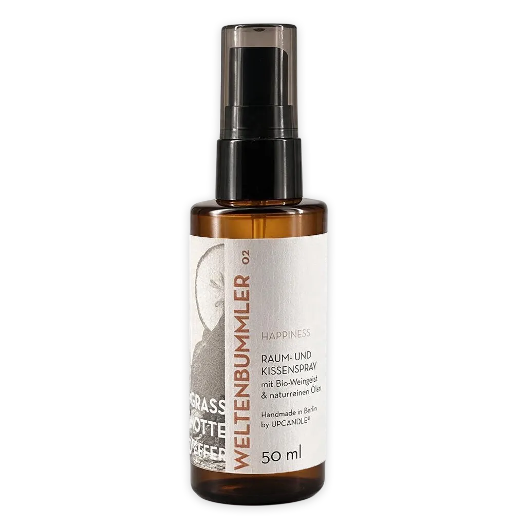 Natürliches Upcandle Raum- und Kissenspray Weltenbummler (50ml) in der Frontalansicht.