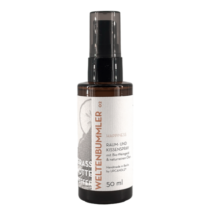Natürliches Upcandle Raum- und Kissenspray Weltenbummler (50ml) in der Frontalansicht.